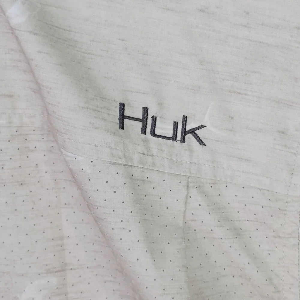 Huk Performance Men's XL Woven Teaser Short Sleeve Fish AOP Shirt-Bone/Brown - Picture 7 of 9